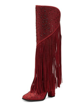 Red Rhinestone Fringe Block Heeled Knee High Tall Boots With Zip Square Toe Wide Calf